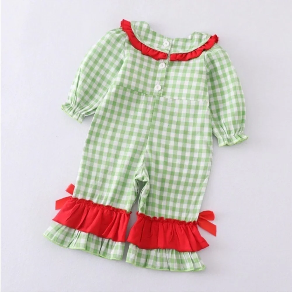NWOT Adorable Green Checkered Boutique Baby Romper Red Bow Accents